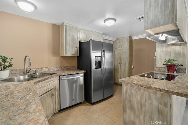 8631 Holly St, Rancho Cucamonga, CA 91701 - kitchen featuring appliances with stainless steel finishes, a sink, ventilation hood, light tile patterned floors, and light brown cabinets
