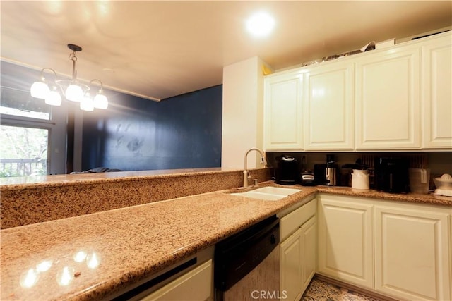 7890 E Spring St Unit 18D, Long Beach, CA 90815 - kitchen with dishwashing machine, a sink, light stone counters, white cabinetry, and hanging light fixtures
