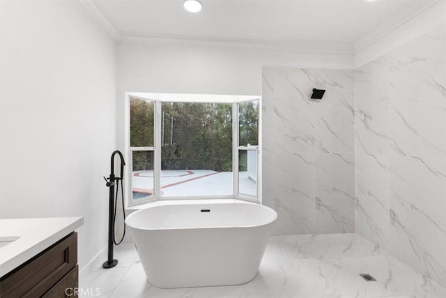 12535 Kling St, Studio City, CA 91604 - full bath with crown molding, vanity, a freestanding bath, marble finish flooring, and recessed lighting
