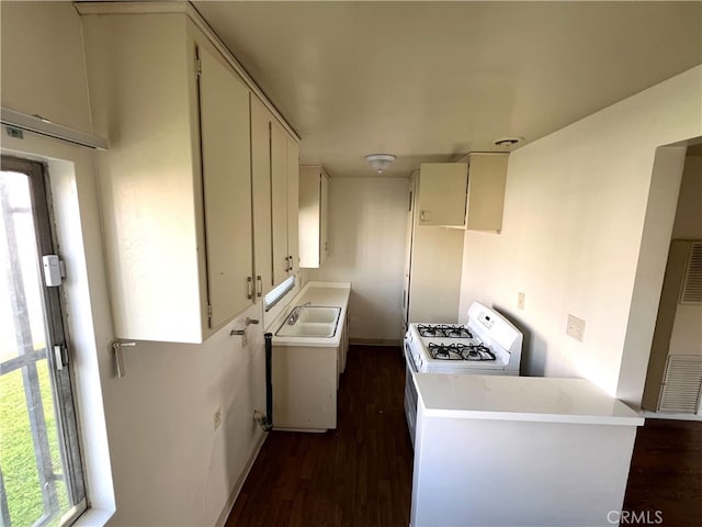 3065 Sastre Ave, El Monte, CA 91733 - kitchen with white gas range oven, a heating unit, a sink, dark wood-style floors, and healthy amount of natural light