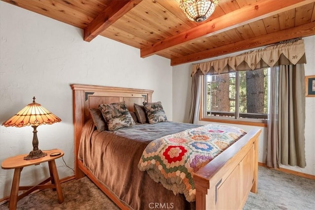 38855 Big Bear Blvd, Big Bear Lake, CA 92315 - bedroom featuring beam ceiling, wooden ceiling, light colored carpet, and baseboards