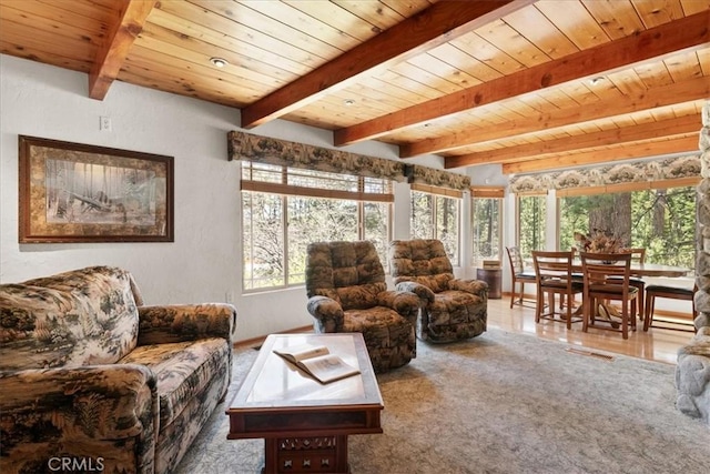 38855 Big Bear Blvd, Big Bear Lake, CA 92315 - living room with wooden ceiling, beam ceiling, and a textured wall