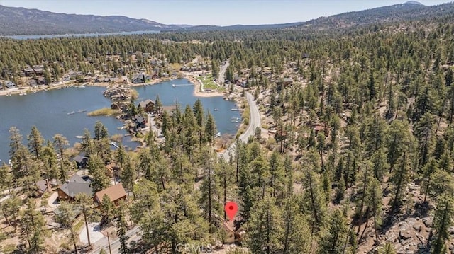 38855 Big Bear Blvd, Big Bear Lake, CA 92315 - aerial view of property's location with a heavily wooded area and a water and mountain view