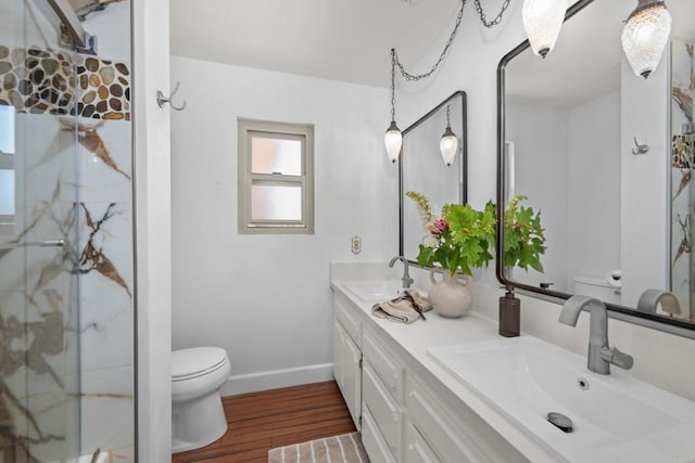 979 Canyon Heights Rd, Fallbrook, CA 92028 - bathroom featuring toilet, wood finished floors, and a marble finish shower