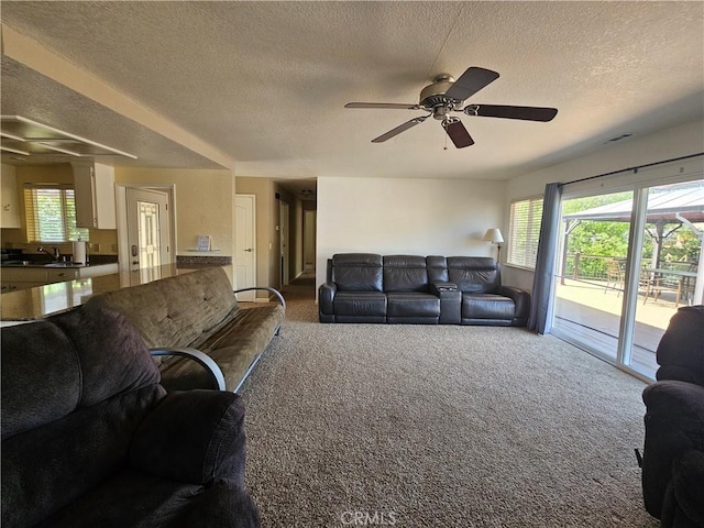 carpeted living room with a textured ceiling, ceiling fan, and a sink