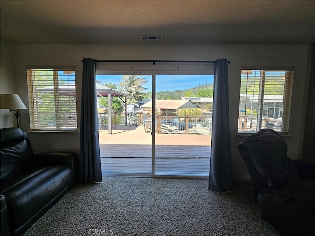 doorway to outside featuring carpet floors