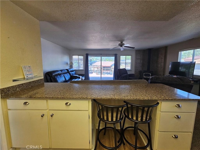 kitchen featuring open floor plan, a wood stove, a textured ceiling, a peninsula, and a ceiling fan