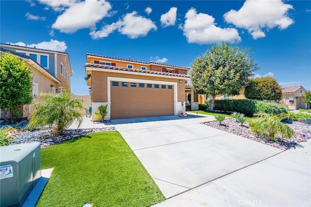 1357 Bannock St, Beaumont, CA 92223 - mediterranean / spanish home with stucco siding, a tile roof, concrete driveway, and a front lawn