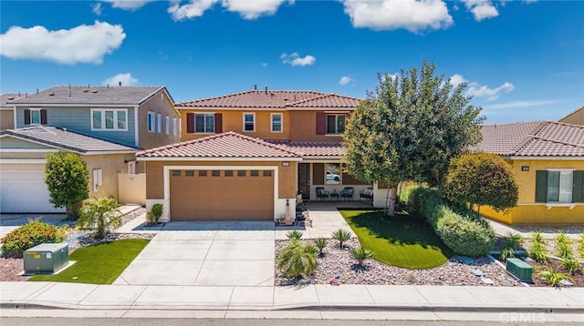1357 Bannock St, Beaumont, CA 92223 - view of front of house featuring stucco siding, a tiled roof, an attached garage, and concrete driveway