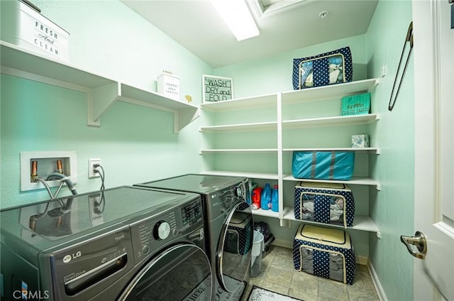 1357 Bannock St, Beaumont, CA 92223 - clothes washing area with washer and clothes dryer, baseboards, and stone finish floors
