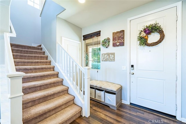 1357 Bannock St, Beaumont, CA 92223 - foyer with stairs, dark wood-style flooring, and baseboards