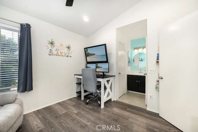 23391 La Crescenta Unit 270C, Mission Viejo, CA 92691 - home office featuring vaulted ceiling, wood finished floors, and a ceiling fan