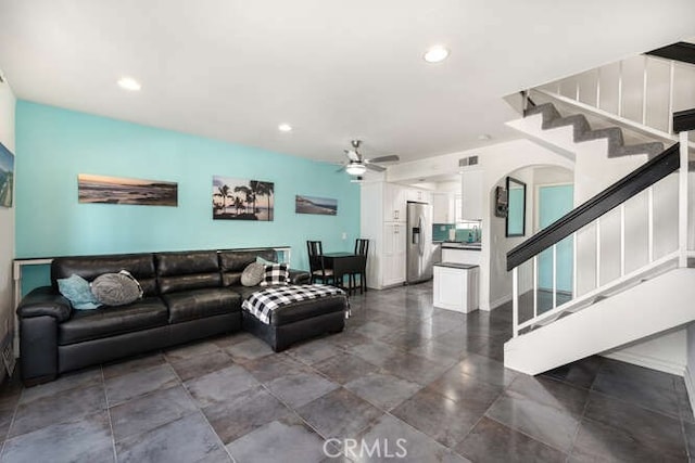 23391 La Crescenta Unit 270C, Mission Viejo, CA 92691 - living area with stairs, a ceiling fan, and recessed lighting
