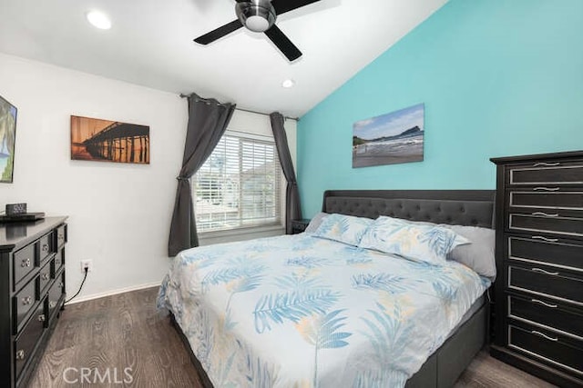 23391 La Crescenta Unit 270C, Mission Viejo, CA 92691 - bedroom with vaulted ceiling, dark wood-type flooring, recessed lighting, and ceiling fan