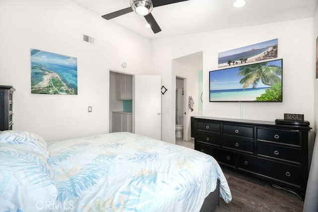 23391 La Crescenta Unit 270C, Mission Viejo, CA 92691 - bedroom featuring vaulted ceiling, ceiling fan, recessed lighting, and dark wood-style floors
