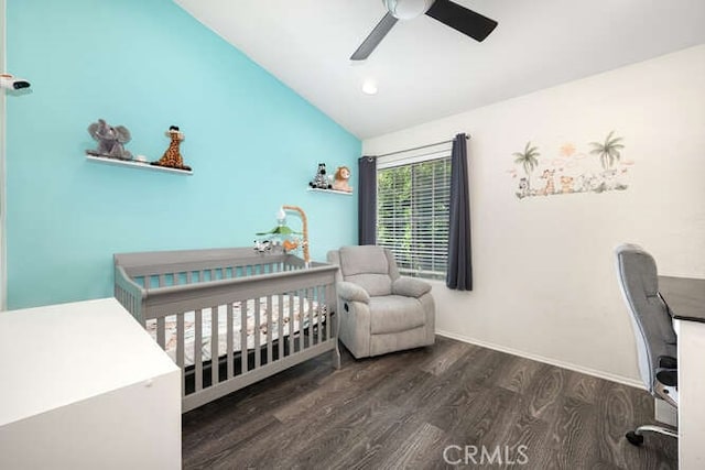 23391 La Crescenta Unit 270C, Mission Viejo, CA 92691 - bedroom featuring vaulted ceiling, wood finished floors, a nursery area, and ceiling fan