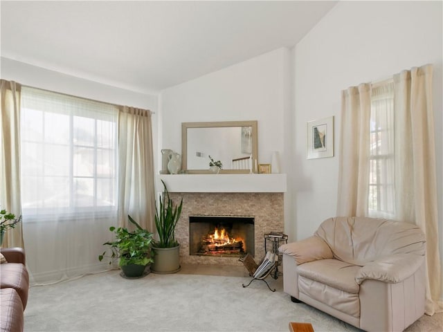 24822 Cutter, Laguna Niguel, CA 92677 - carpeted living room featuring vaulted ceiling and a lit fireplace