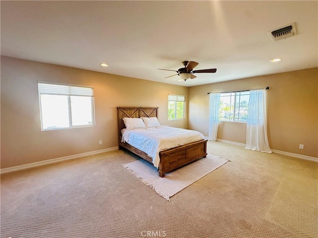 40973 Cebu Dr, Temecula, CA 92591 - bedroom with baseboards, light colored carpet, recessed lighting, and ceiling fan