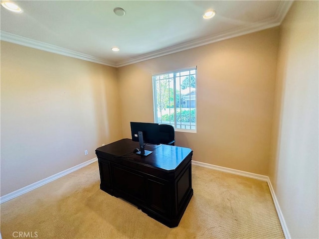 40973 Cebu Dr, Temecula, CA 92591 - home office featuring light colored carpet, recessed lighting, baseboards, and ornamental molding