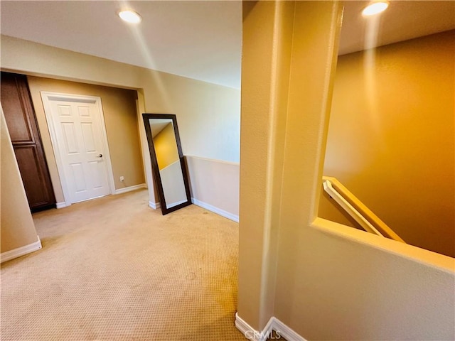 40973 Cebu Dr, Temecula, CA 92591 - hall with light carpet, baseboards, an upstairs landing, and recessed lighting