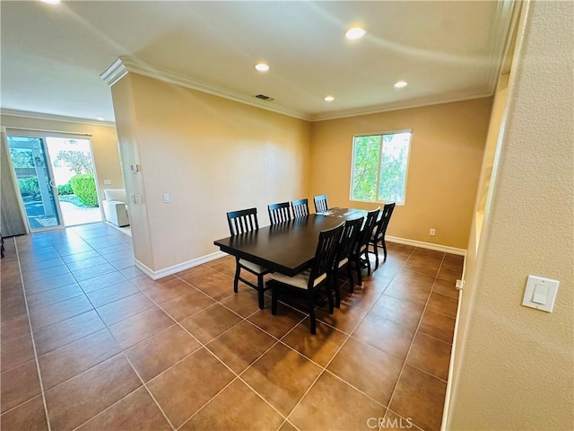 40973 Cebu Dr, Temecula, CA 92591 - dining room with crown molding, plenty of natural light, tile patterned flooring, baseboards, and recessed lighting