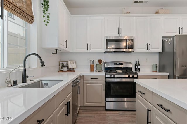 345 Allen Dr, Santa Paula, CA 93060 - kitchen featuring stainless steel appliances, a sink, white cabinetry, light countertops, and wood finished floors