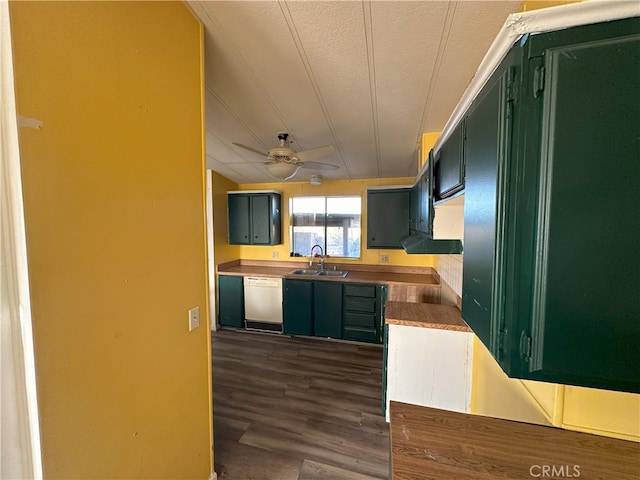 7677 Bedouin Ave Unit 29, Palms, CA 92277 - kitchen featuring white dishwasher, ceiling fan, a sink, and dark wood-style flooring