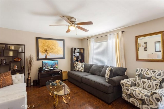 28001 Winged Foot Dr, Menifee, CA 92586 - living area featuring dark wood finished floors and a ceiling fan
