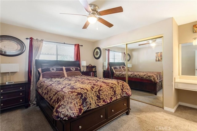28001 Winged Foot Dr, Menifee, CA 92586 - bedroom with light carpet, a closet, a ceiling fan, and baseboards