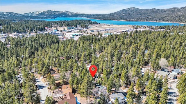 aerial view of property's location featuring a forest and a water and mountain view