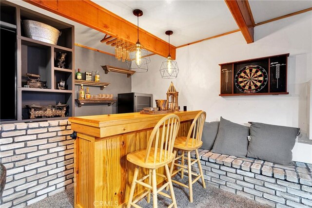 indoor dry bar with carpet flooring and decorative light fixtures