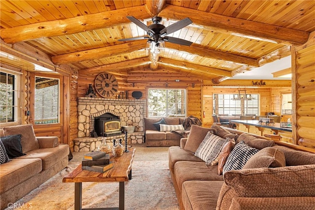 living area featuring wooden ceiling, log walls, ceiling fan, a wood stove, and carpet floors