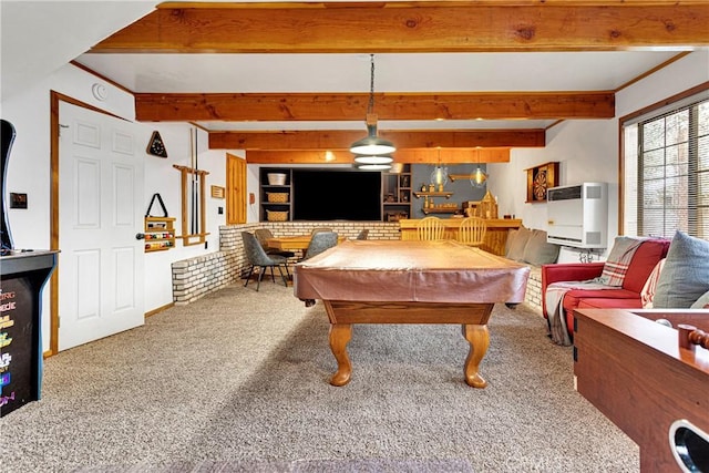 playroom featuring carpet, pool table, beam ceiling, and heating unit