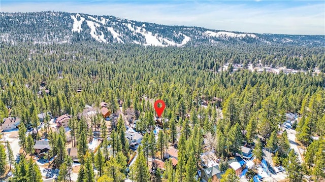 aerial view of property and surrounding area with a heavily wooded area and a mountainous background