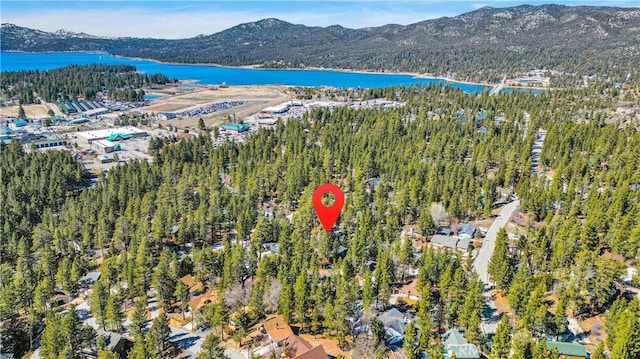 aerial view of property's location featuring a water and mountain view and a forest