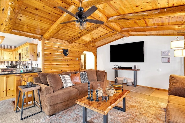 living area with wood ceiling and a ceiling fan