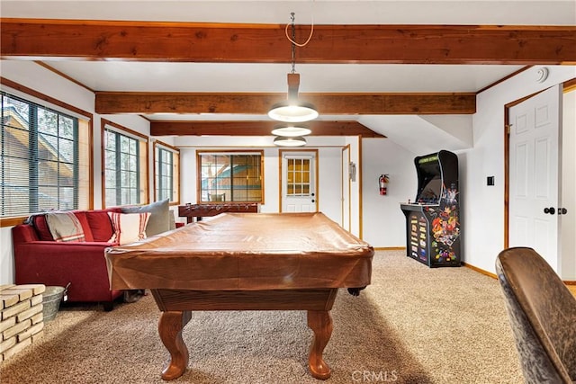 recreation room with carpet flooring, pool table, beamed ceiling, and baseboards