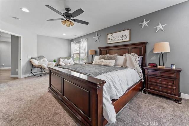 3039 Cayenne Way, Perris, CA 92571 - bedroom with light colored carpet, baseboards, ceiling fan, and recessed lighting