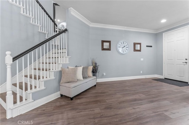 3039 Cayenne Way, Perris, CA 92571 - foyer entrance featuring crown molding, wood finished floors, stairway, baseboards, and recessed lighting