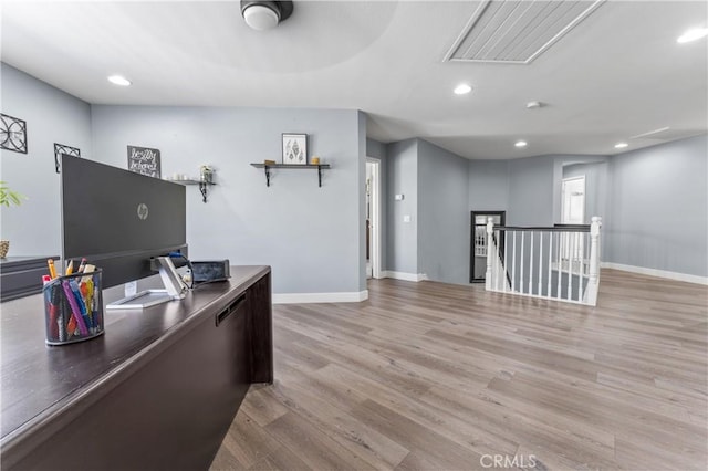 3039 Cayenne Way, Perris, CA 92571 - office with baseboards, attic access, light wood-style flooring, and recessed lighting