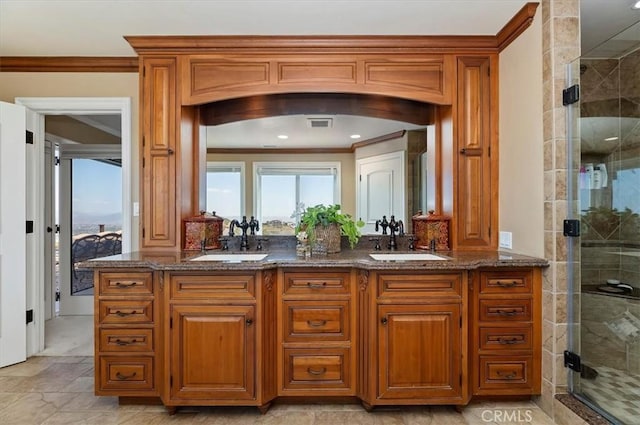 26780 Camino Seco, Temecula, CA 92590 - full bath featuring double vanity, ornamental molding, a shower stall, and connected bathroom