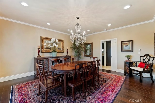 26780 Camino Seco, Temecula, CA 92590 - dining space featuring a chandelier, recessed lighting, baseboards, wood-type flooring, and crown molding