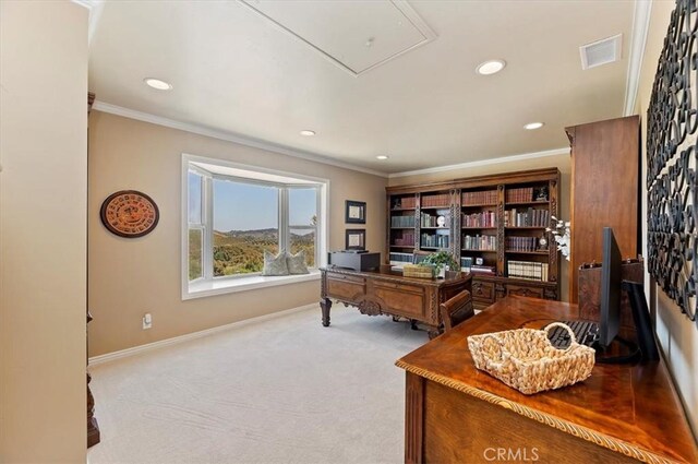 26780 Camino Seco, Temecula, CA 92590 - carpeted office space featuring crown molding, recessed lighting, and attic access