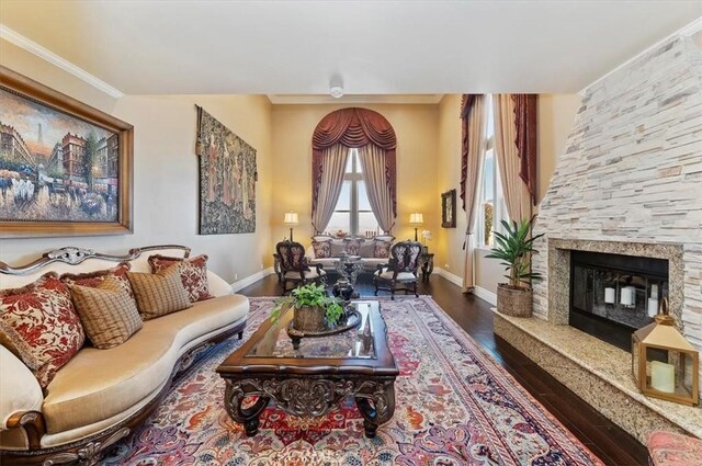 26780 Camino Seco, Temecula, CA 92590 - living area featuring dark wood-type flooring, a fireplace, and crown molding