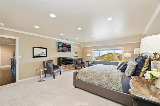 26780 Camino Seco, Temecula, CA 92590 - bedroom featuring crown molding, baseboards, recessed lighting, and carpet flooring