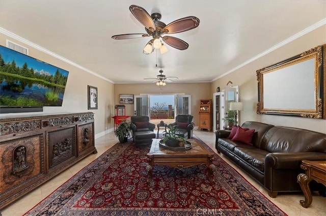 26780 Camino Seco, Temecula, CA 92590 - living area featuring light tile patterned flooring, ornamental molding, and ceiling fan