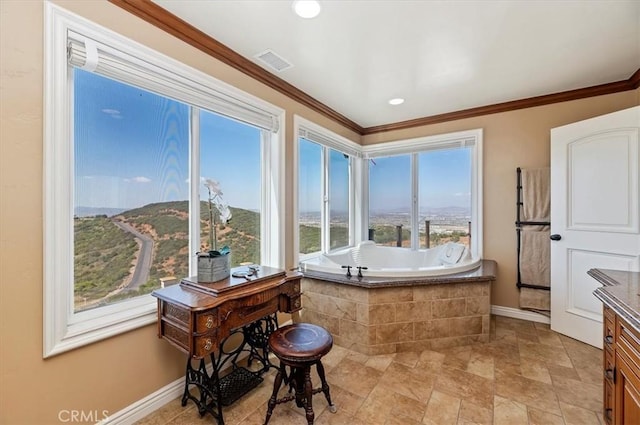 26780 Camino Seco, Temecula, CA 92590 - full bath with a bath, ornamental molding, stone finish floors, recessed lighting, and vanity