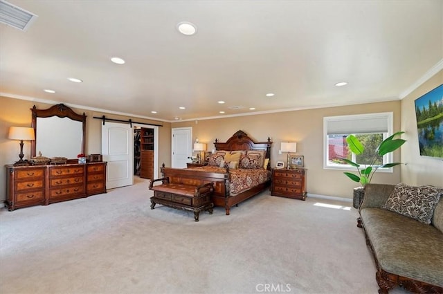 26780 Camino Seco, Temecula, CA 92590 - bedroom featuring light carpet, recessed lighting, ornamental molding, a barn door, and baseboards