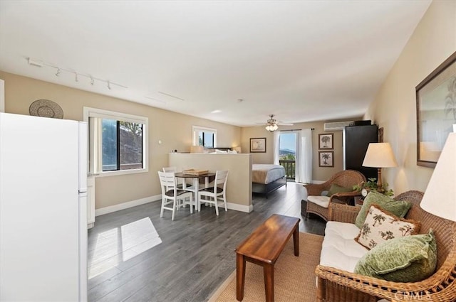26780 Camino Seco, Temecula, CA 92590 - living area featuring dark wood finished floors, ceiling fan, and rail lighting