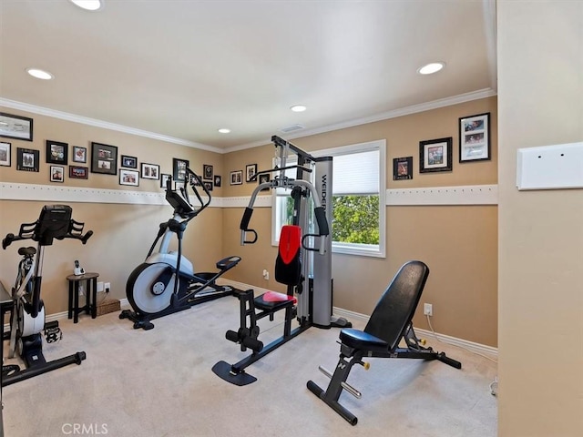 26780 Camino Seco, Temecula, CA 92590 - workout room featuring recessed lighting, carpet flooring, baseboards, and crown molding